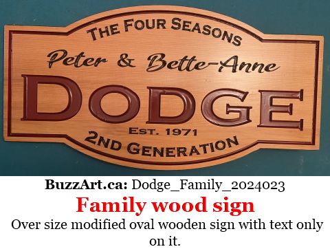 Over size modified oval wooden sign with text only on it.